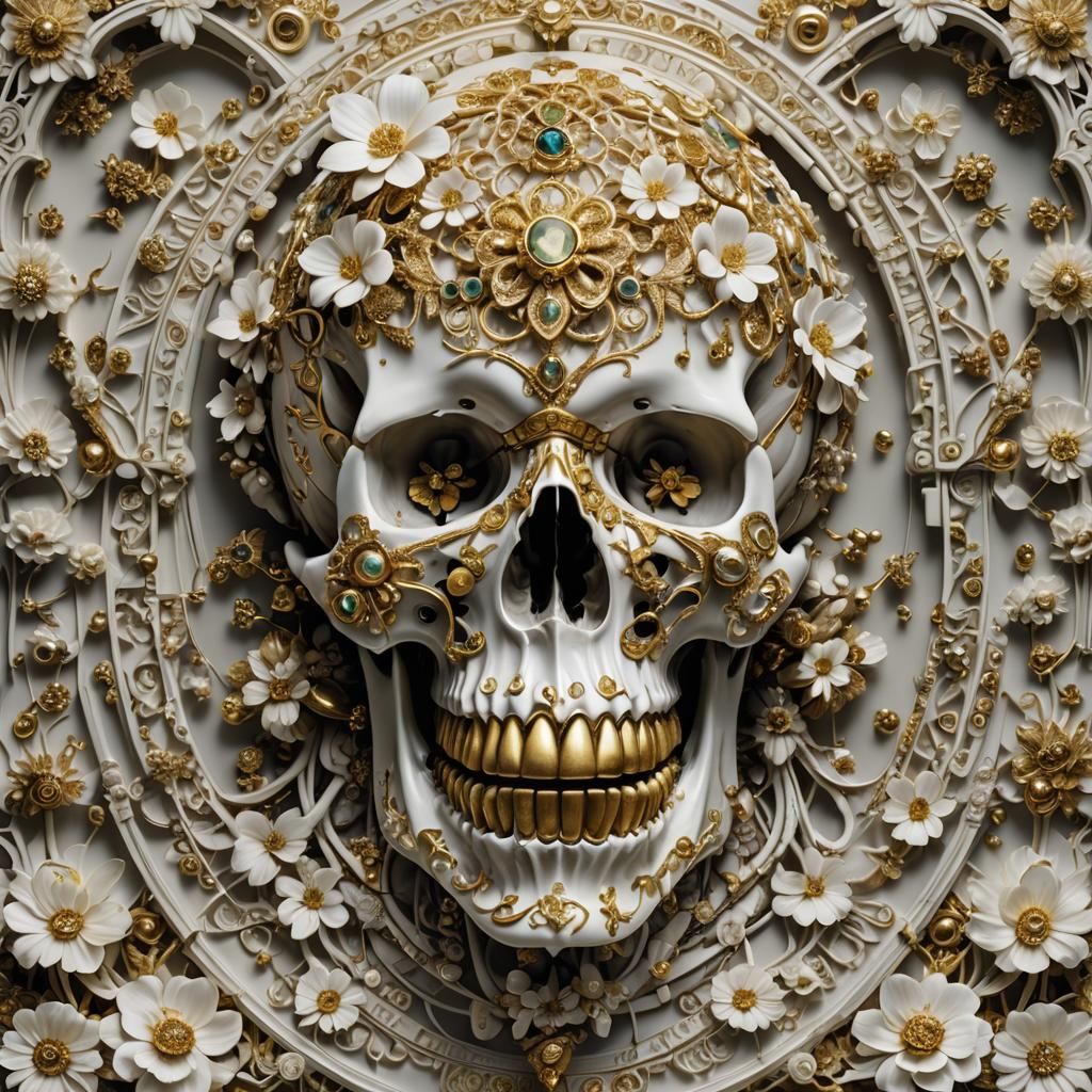 A hyperrealistic photograph of a skull adorned with intricat...