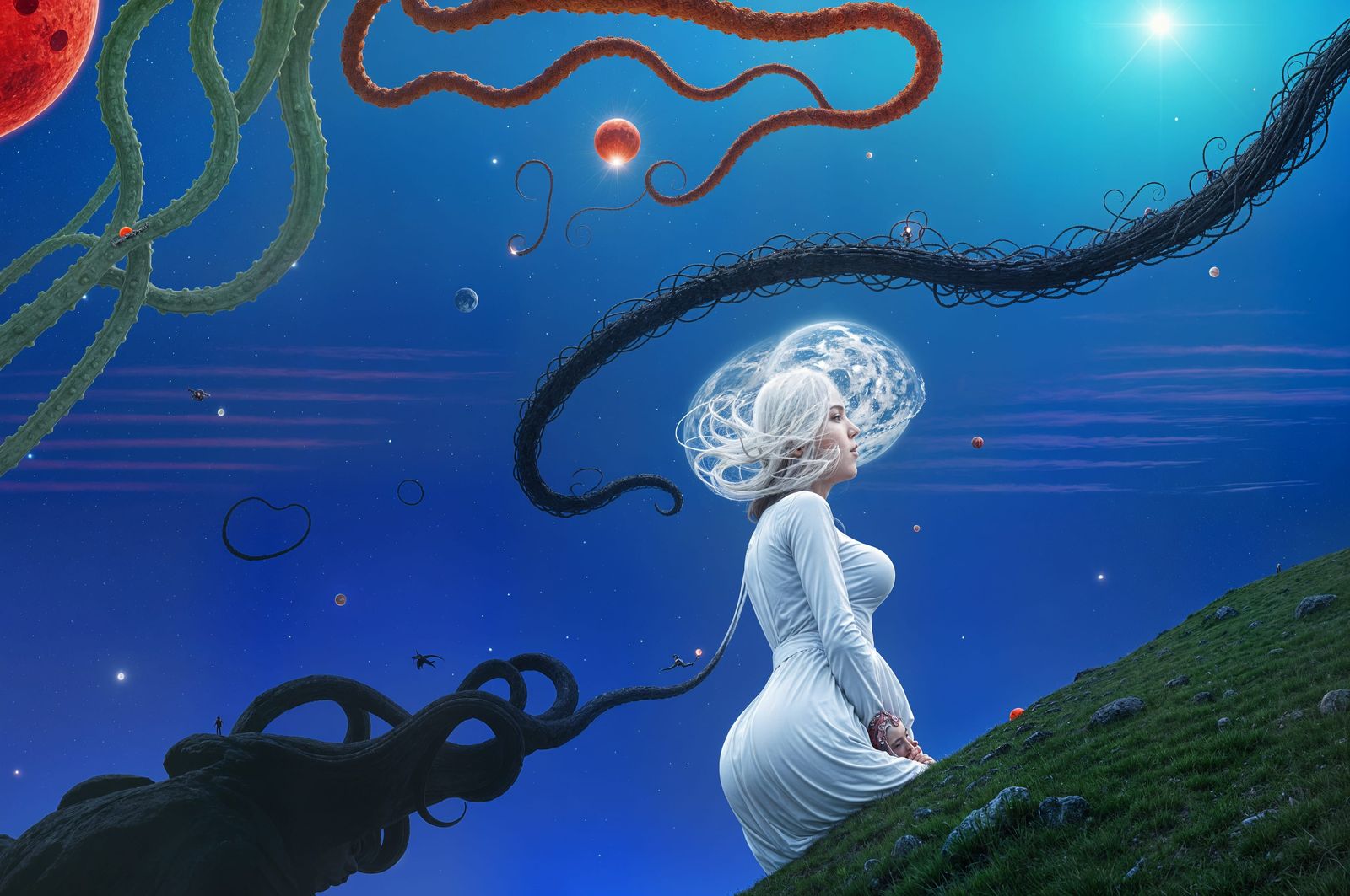 a woman on a hill with tentacles from space and a red orb in the sky