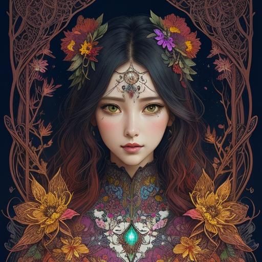 Elegant fantastical  Herbarium wildflowers berries zentangle...