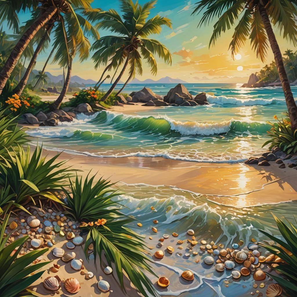 Palm trees seeding in a beautiful, setting like Hawaii, with large waves lapping the shore, and small ...  by @posyrosie