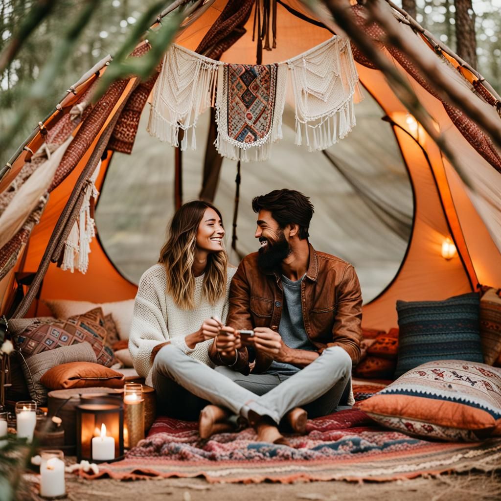 Cute couple at Perfect Boho Camp Setup