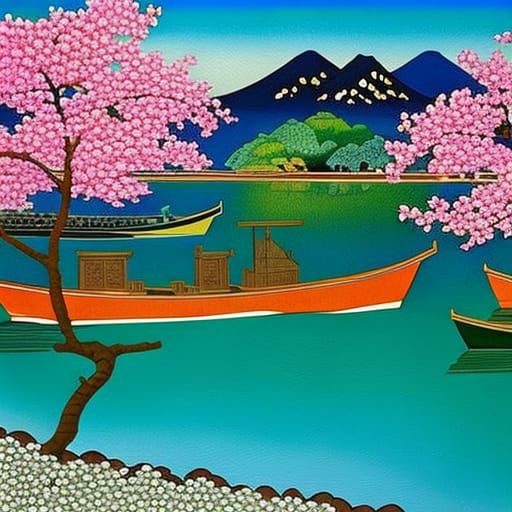 Japanese Cherry Blossom Mosaics in Ukiyo-e Style