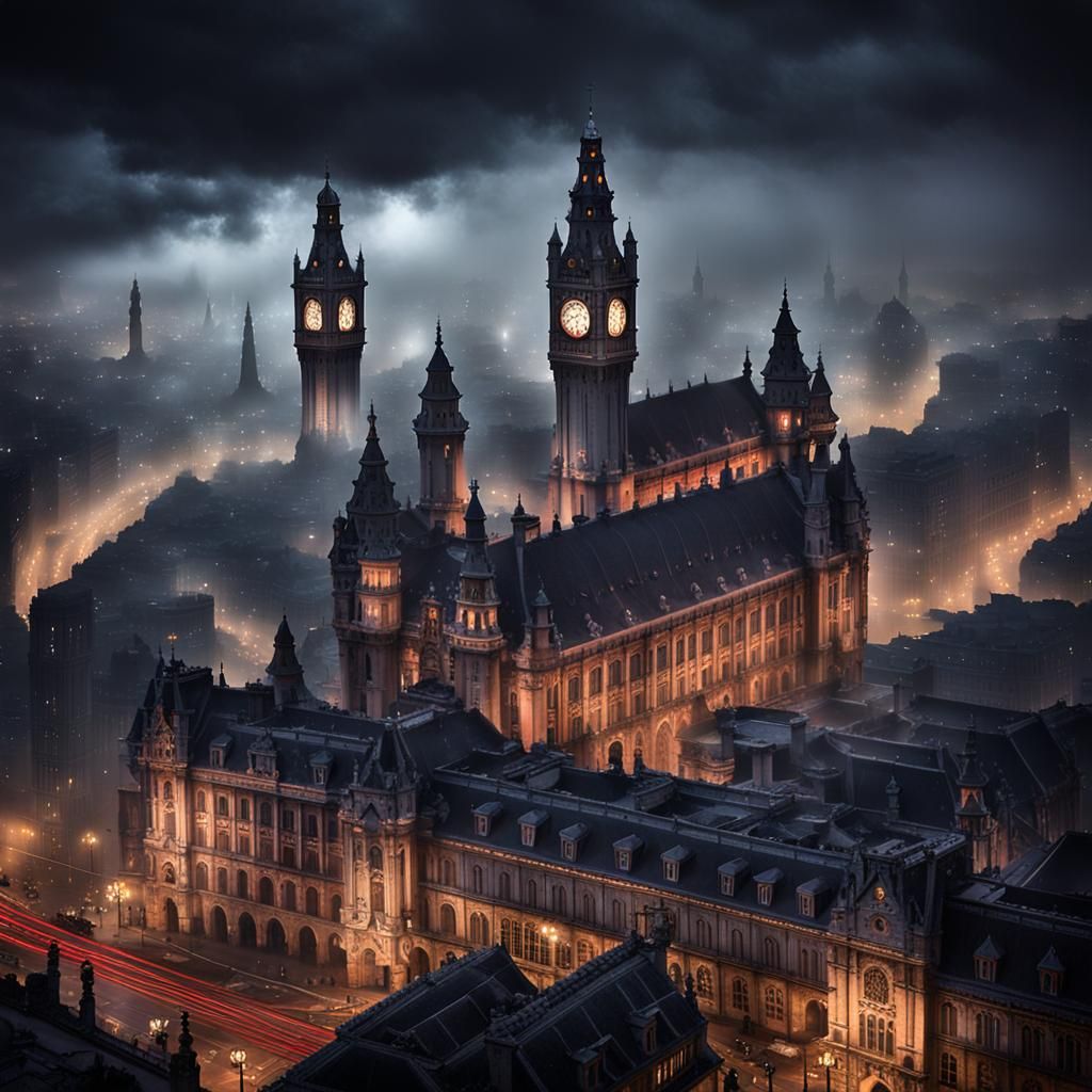 Dark foggy Night, White Sandstone Baroque city with Red Terracotta Roofs, Steampunk Megalopolis city, (A miss-mash of different Architectura...