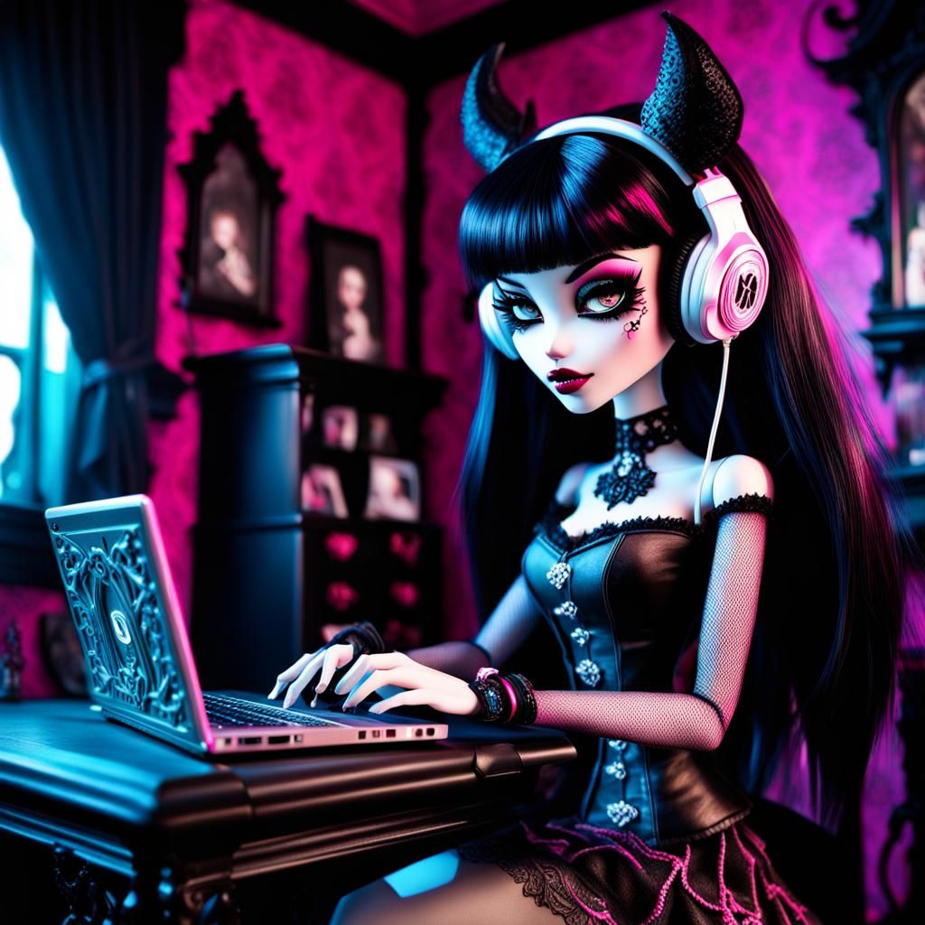 emo monster high draculaura using laptop wearing headphones in a gothic ...