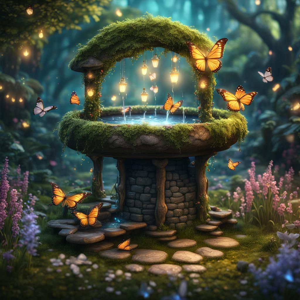Magical wishing well in fairy garden with glittering butterf...