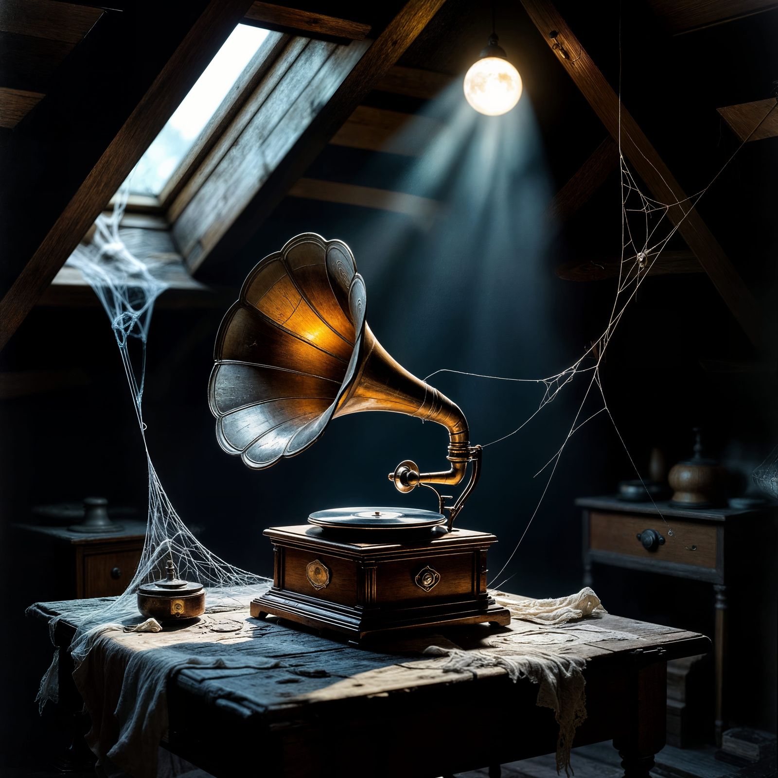 A lone, antique gramophone sits on a weathered wooden table in a dimly lit attic, its horn pointed towards ...  by @Christopher hudson 
