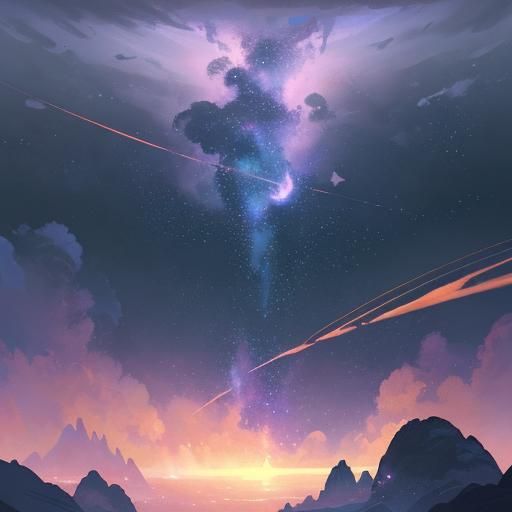 a dark-to-light gradient that mimics a cosmic sky, transitioning from deep purples, blues, and blacks at the top to lighter hues...