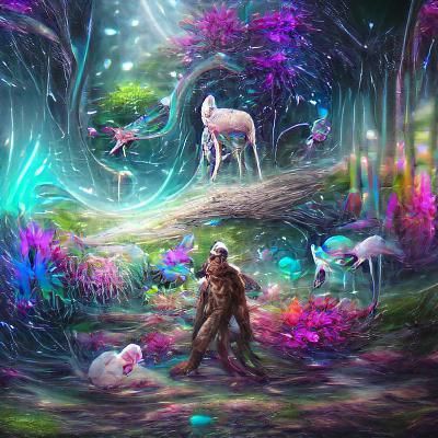 Stranger in fantasy forest with animals