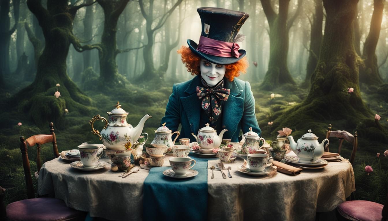 Alice in Wonderland's Crazy Hatter. For tea lesson with a set table in the forest. in a dreamy look  by @Nini