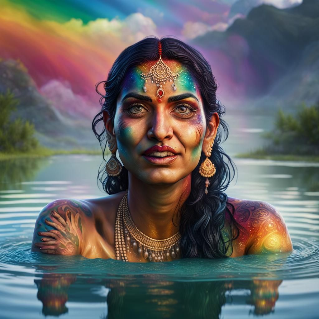 indian goddess with tatoos  bathing in a rainbow lake