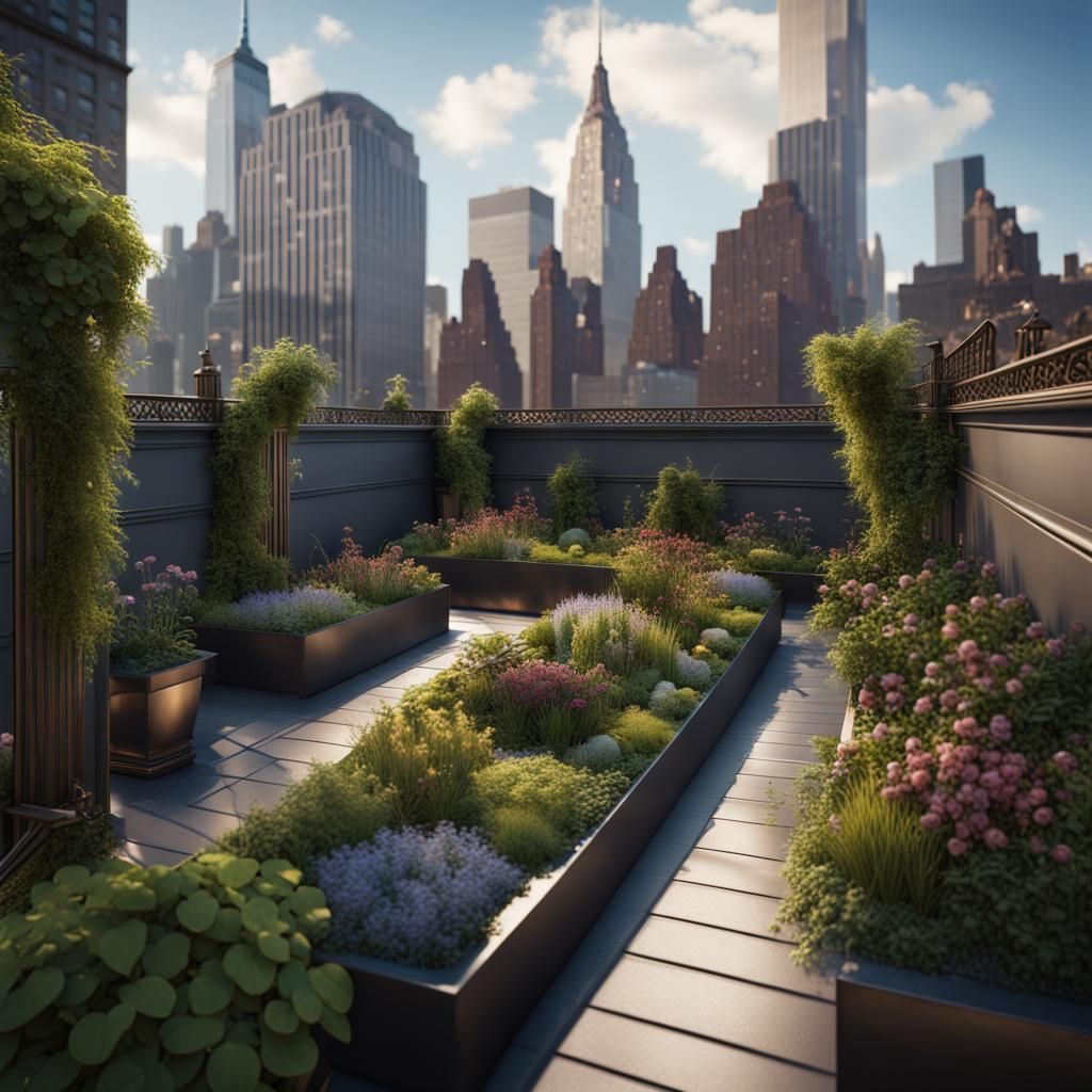 roof top garden in New York city surrounded with sky scrappe...