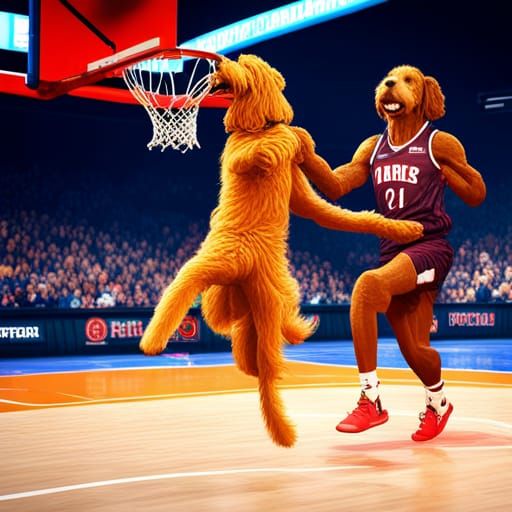 Goldendoodles playing basketball with other dog breeds in th...