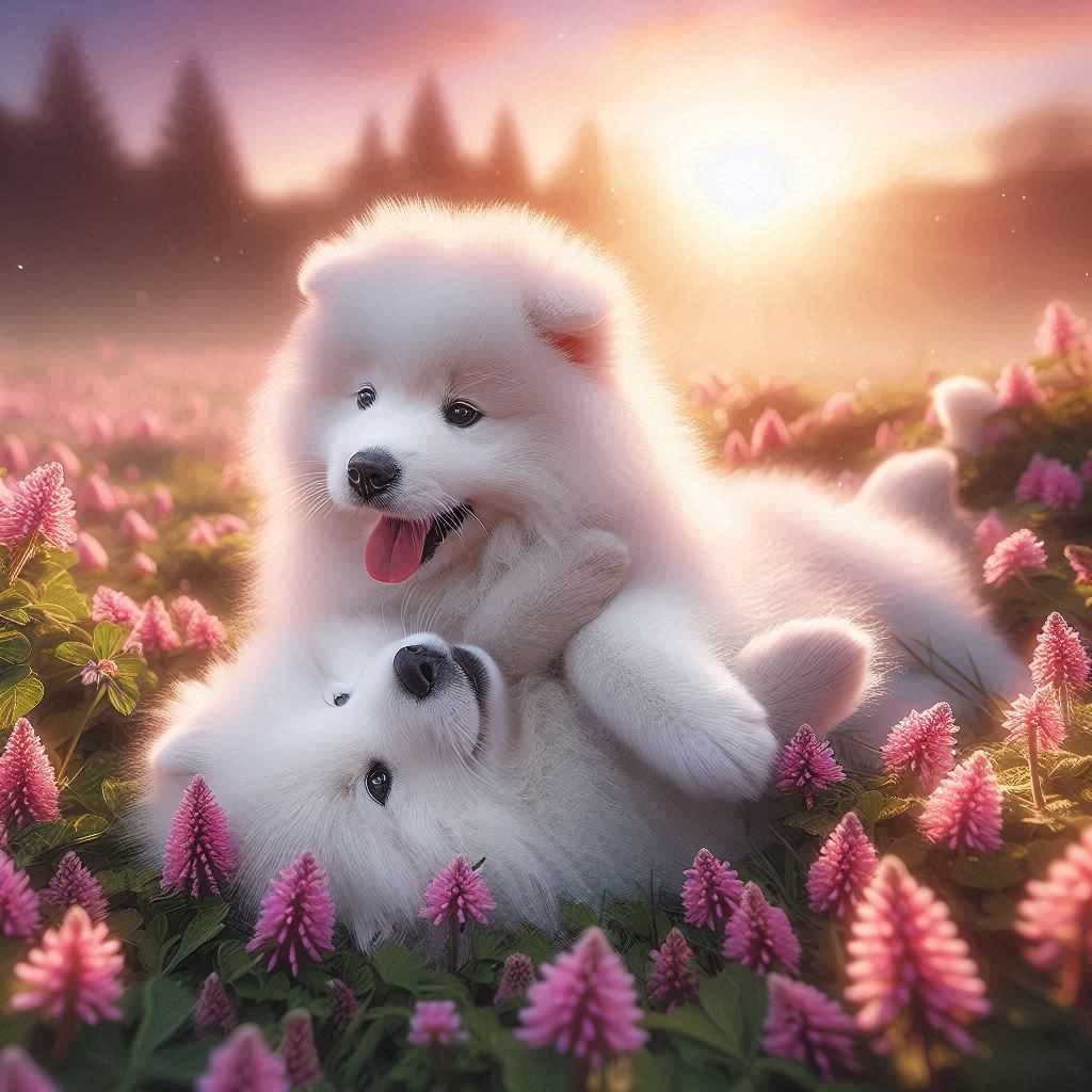 adorable fluffy Samoyed puppies playing