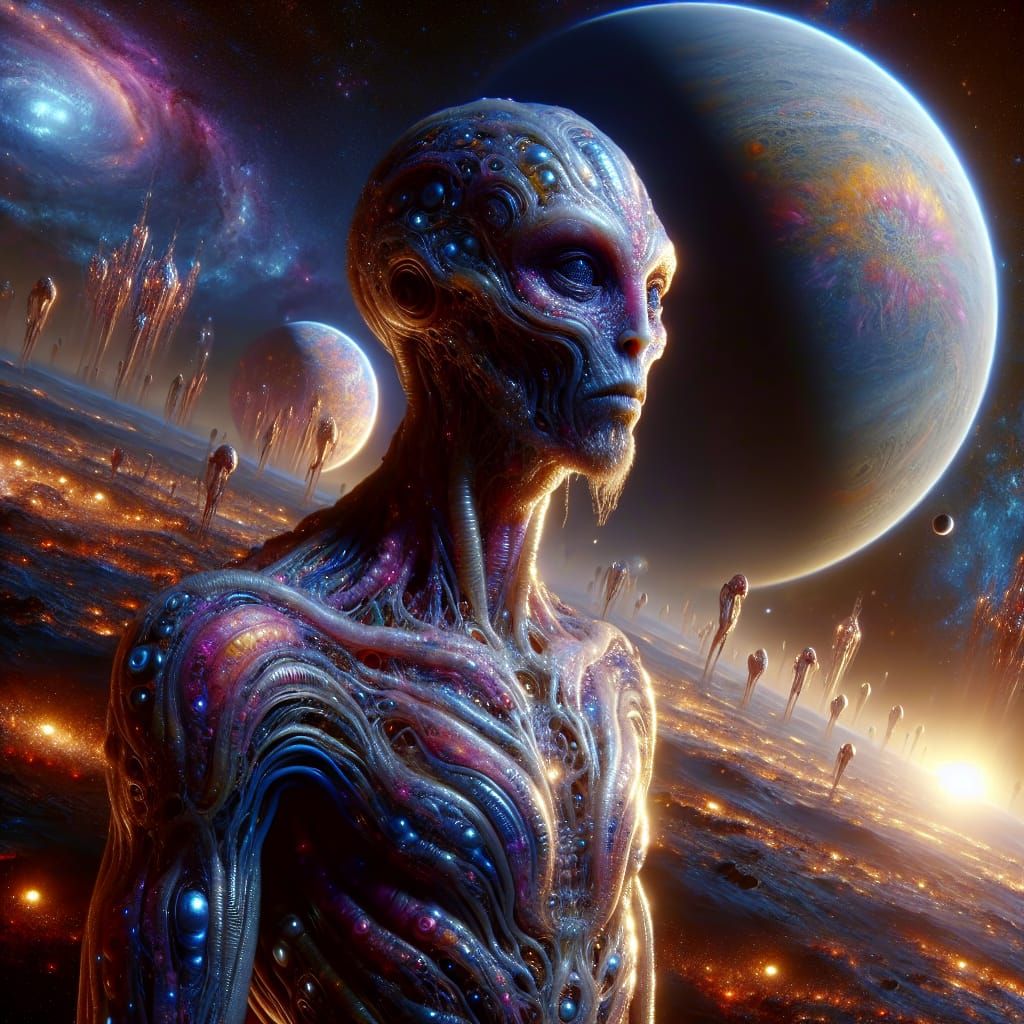 Inhabitants of the planet trisolaris on their planet, by Liu Qixin fiction Three Body Task, 8k, hyperrealism, bright and saturated colors