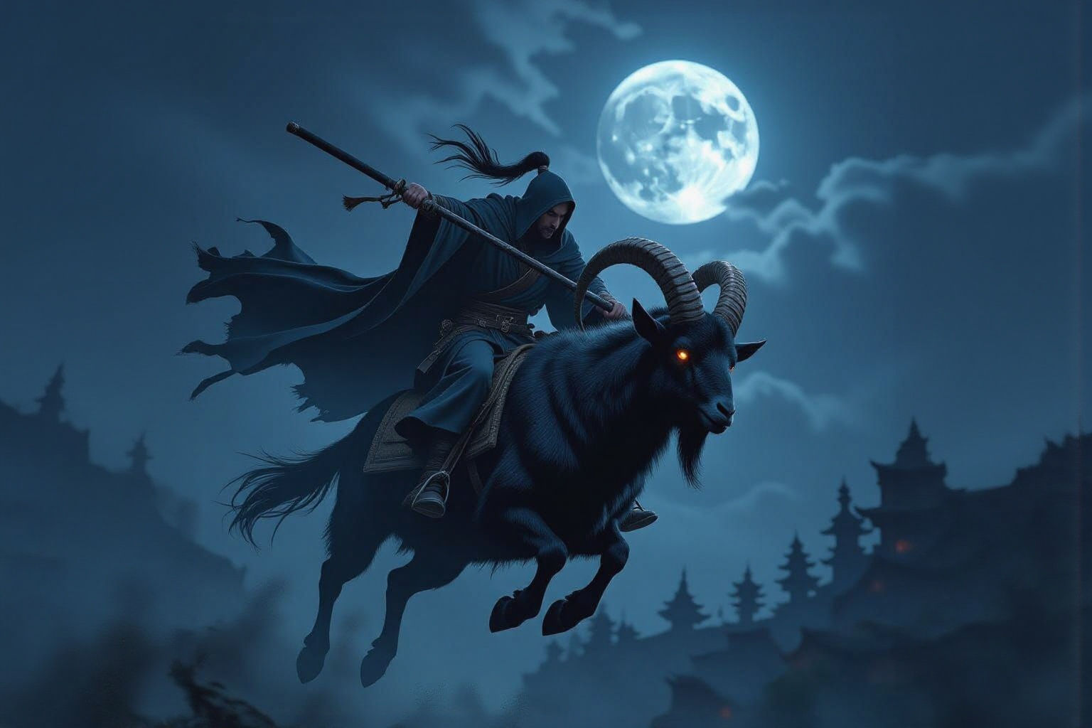 a hyperealistic scary and armed bokkenrijder riding on a scary black goat with big horns high in the air in a background of scary night with...