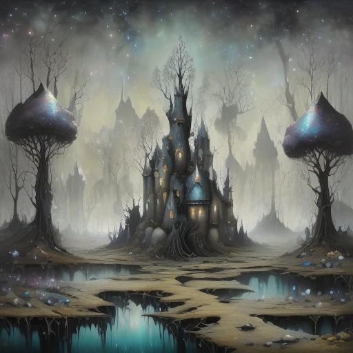 <lora:GrimKey v8:1.0> Vivid Dark Surreal, Broad Brushstrokes, Fine Lines, Characters, Detailed, Dreamy, Cute Moody sparkle bling jewellery g...