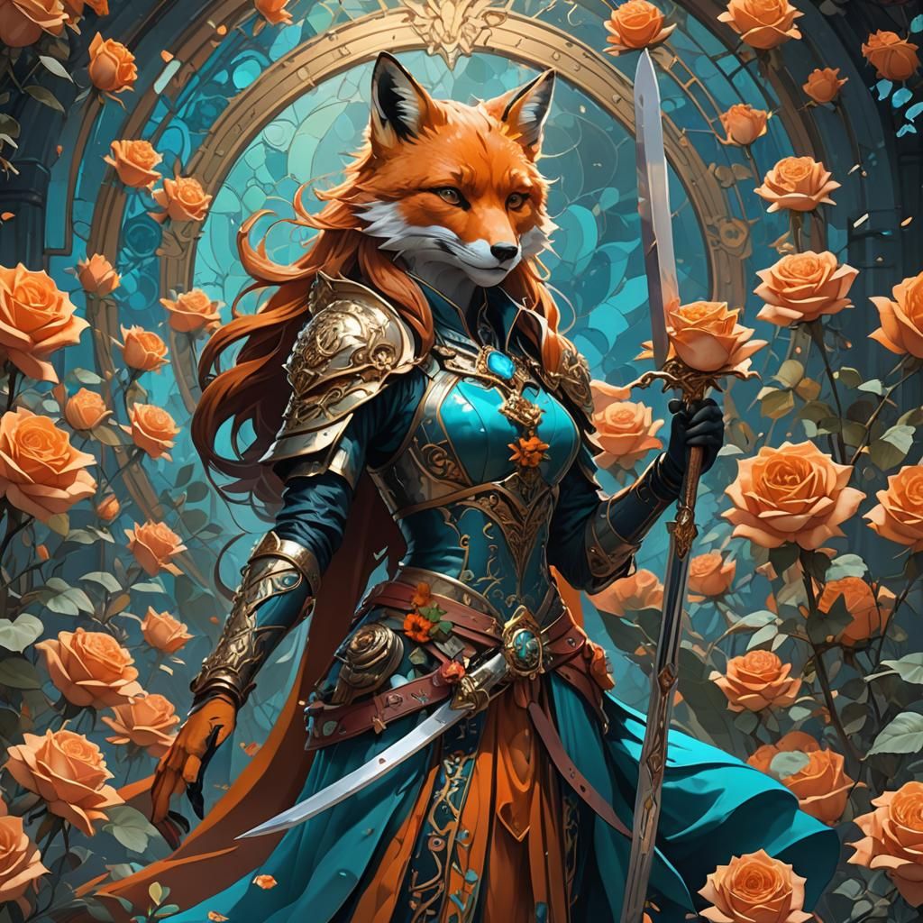 Roses, fox, queen, sword, blue