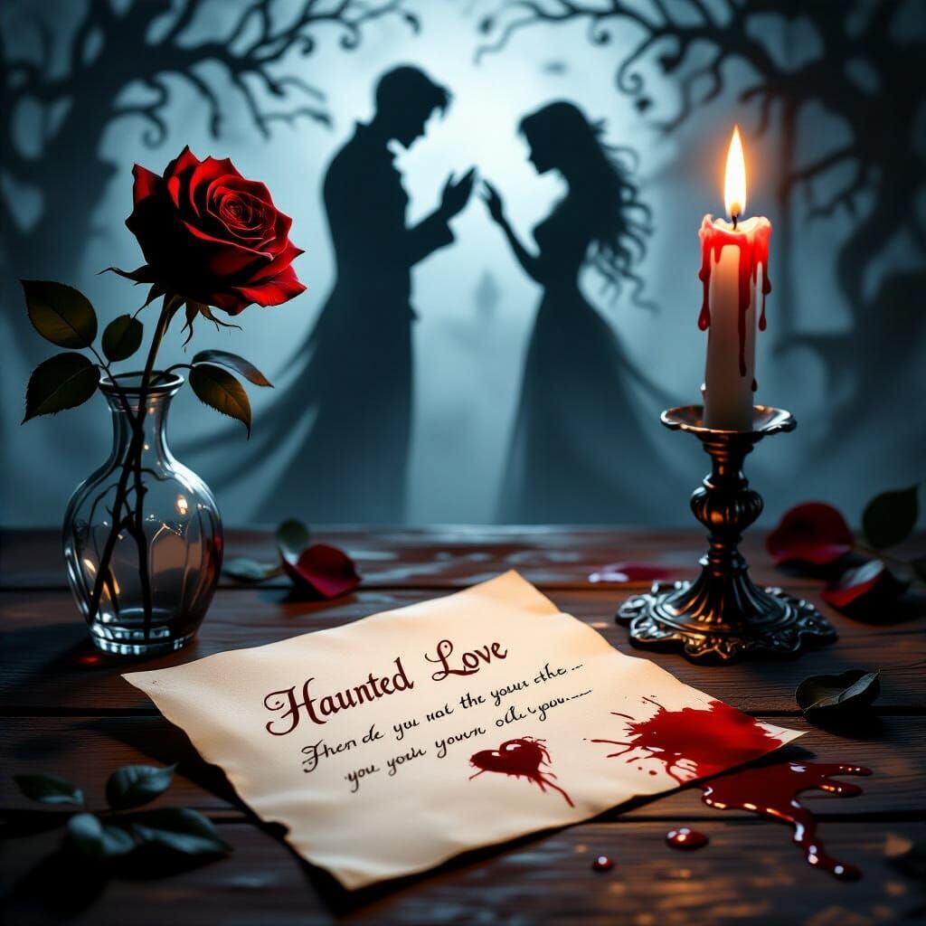 Gothic Valentine's Scene: Haunted Love Letter and Wilting Ro...