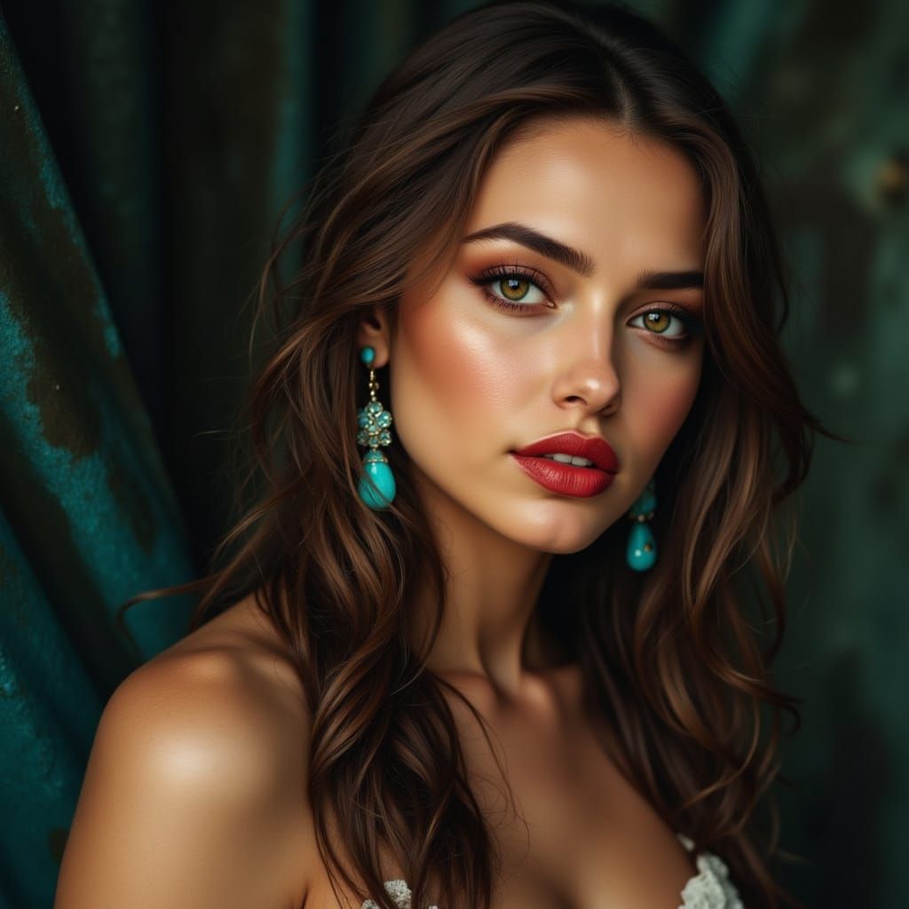 Hyperrealistic Portrait of a Curvy Goddess with Turquoise Je...