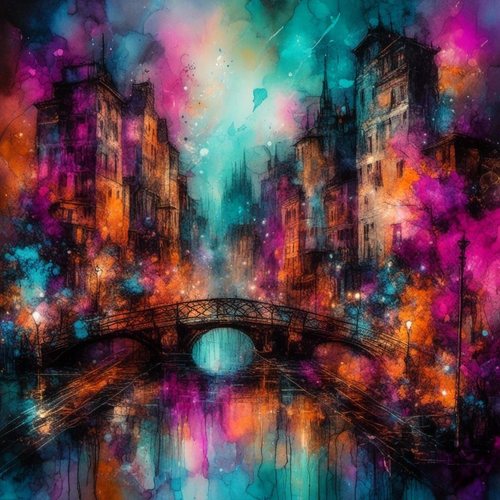 <lora:HRH-neonGrunge:1.0> neon grunge, abstract, alcohol inks, illuminous neon city, long exposure 