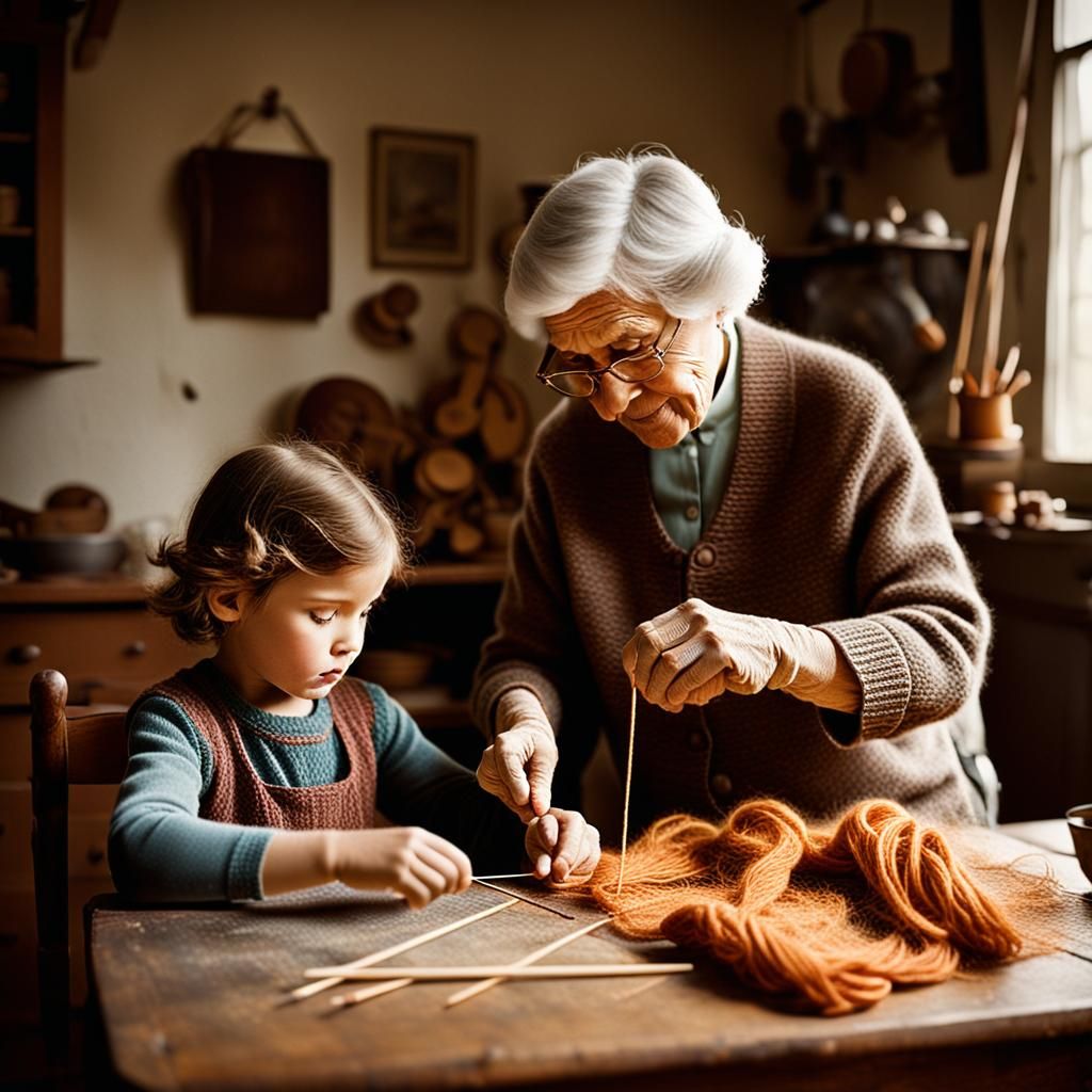 a grandmother teaches her granddaughter to knit warm colors ...