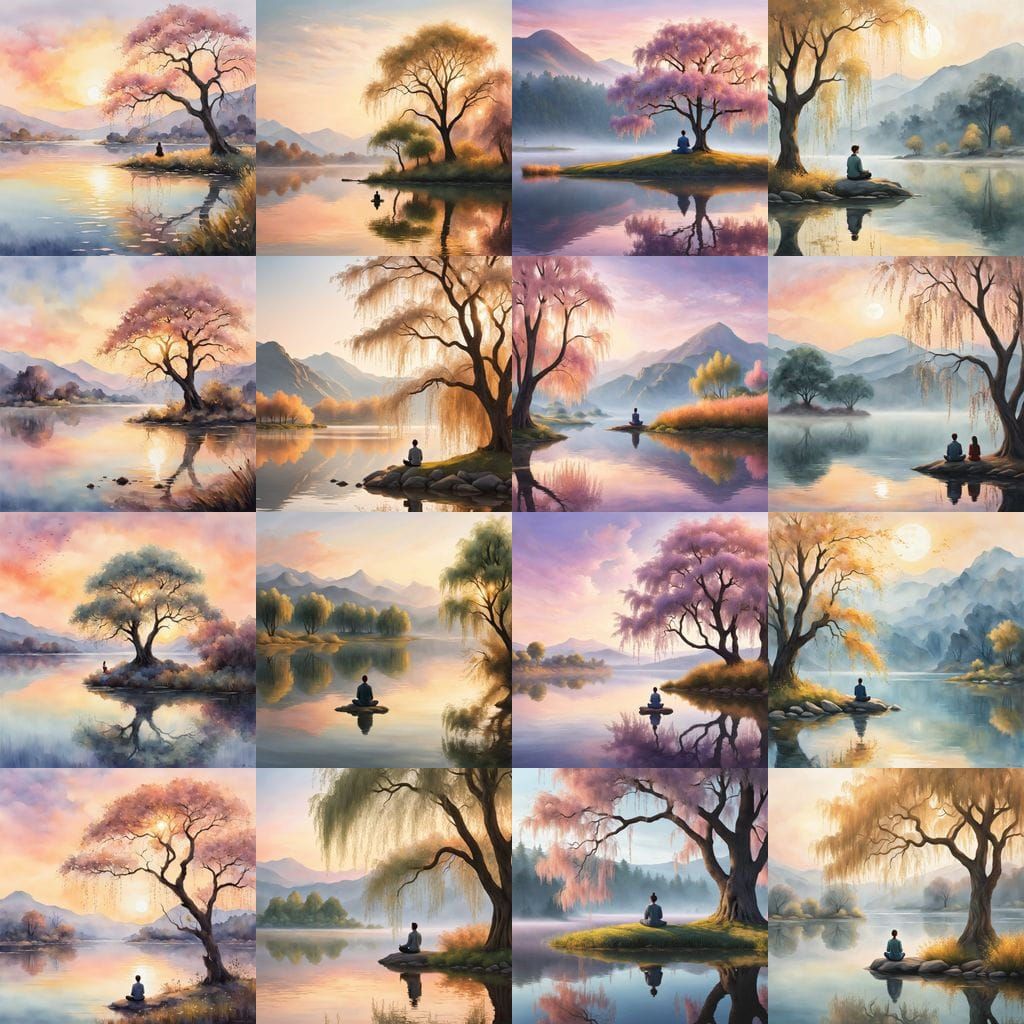 A serene, ethereal landscape at golden hour where nature and stillness intertwine to embody inner peace. At the center, ...