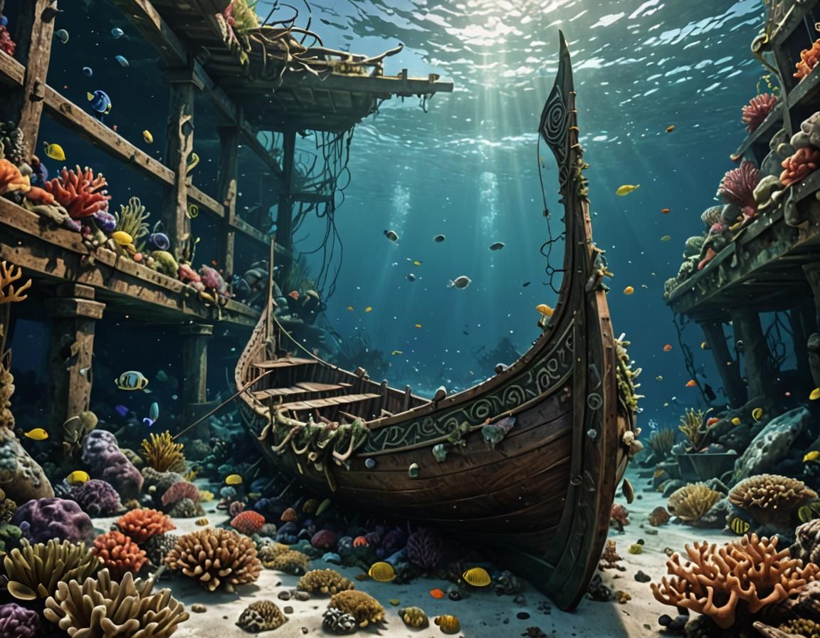 underwater viking longboat, portraying the gradual encroachment of coral reefs, seaweed, and marine life ...  by @FashionQueen