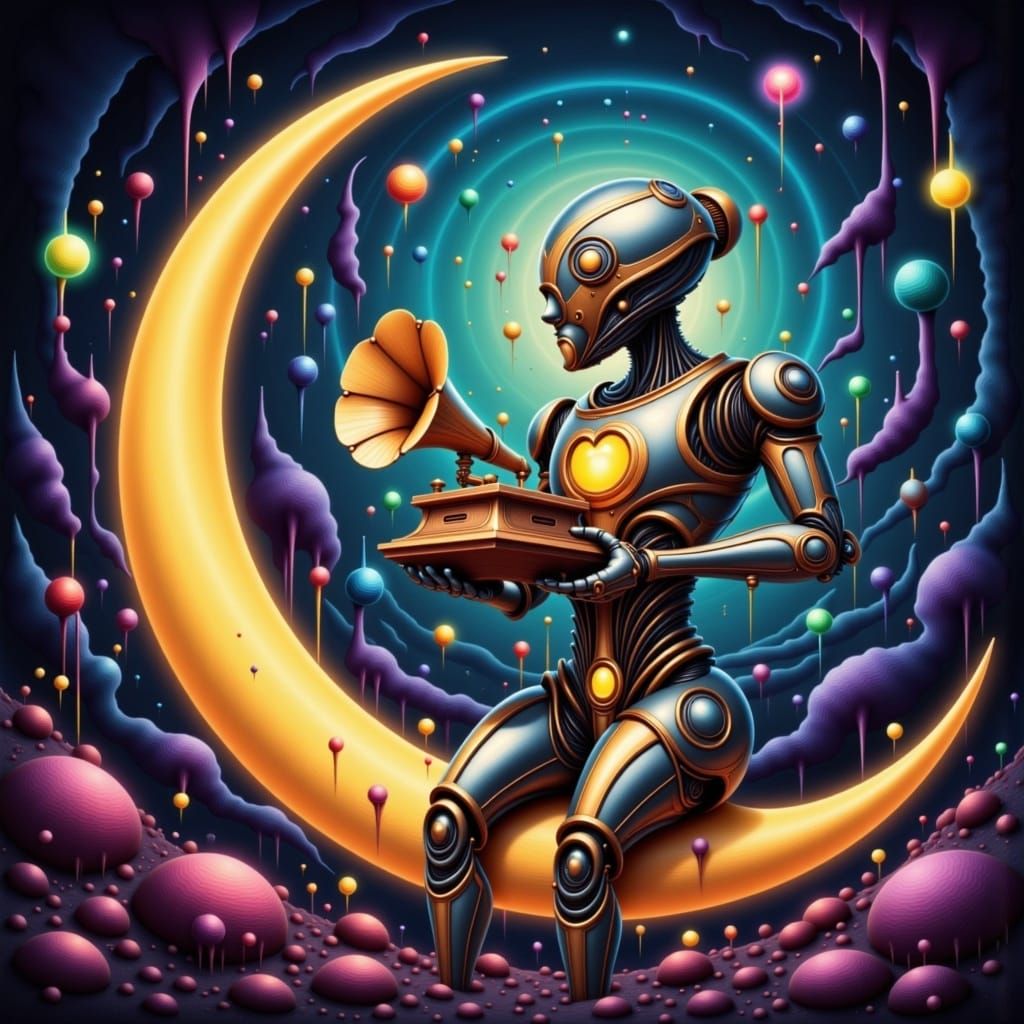 A whimsical, surreal digital painting of a robot with a clockwork heart, sitting on a crescent moon, playing a vintage gramophone. The backg...