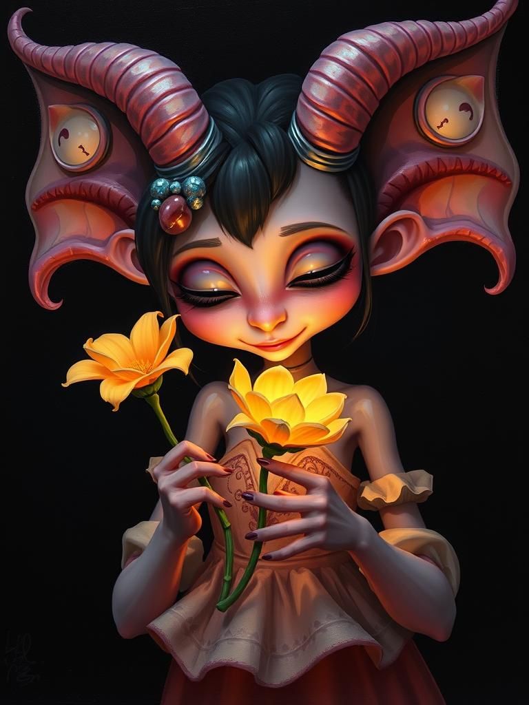 she-monster holding a glowing flower, looking down at the flower. Cute. Black background. Gouache and ...  by @Didier B