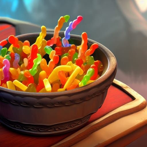 A bowl of fries gummy worms