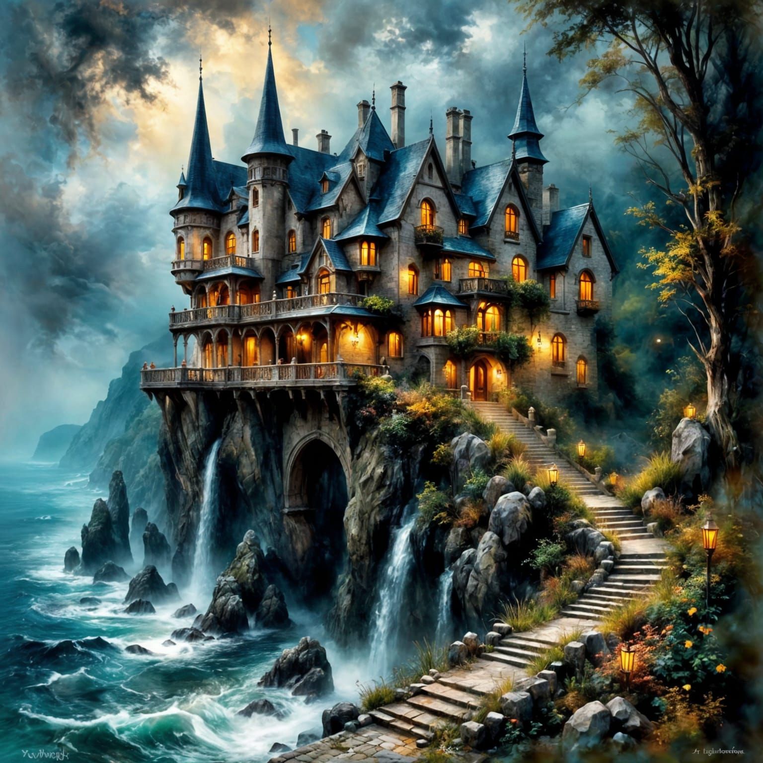 Majestic Gothic Mansion on Seaside Cliffs at Night