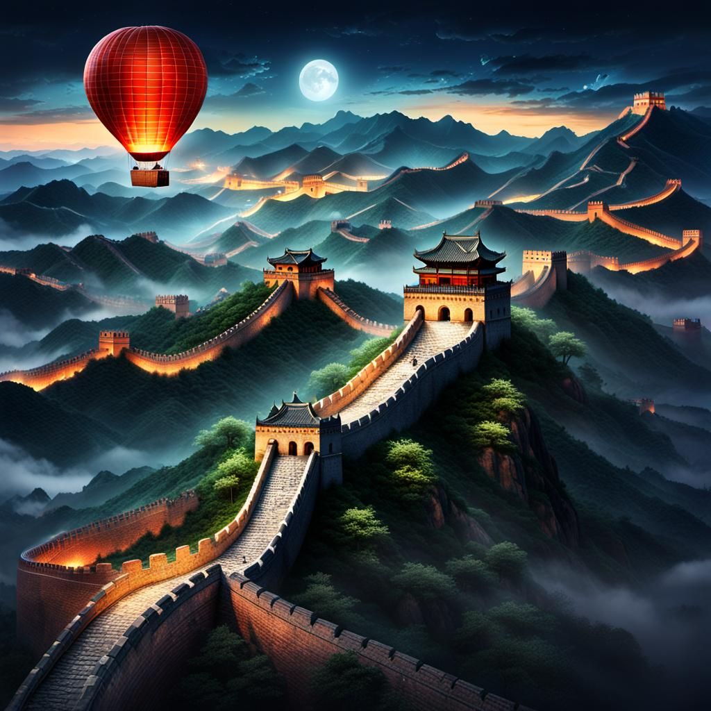 Great Wall of China at Night in Expressionist Style