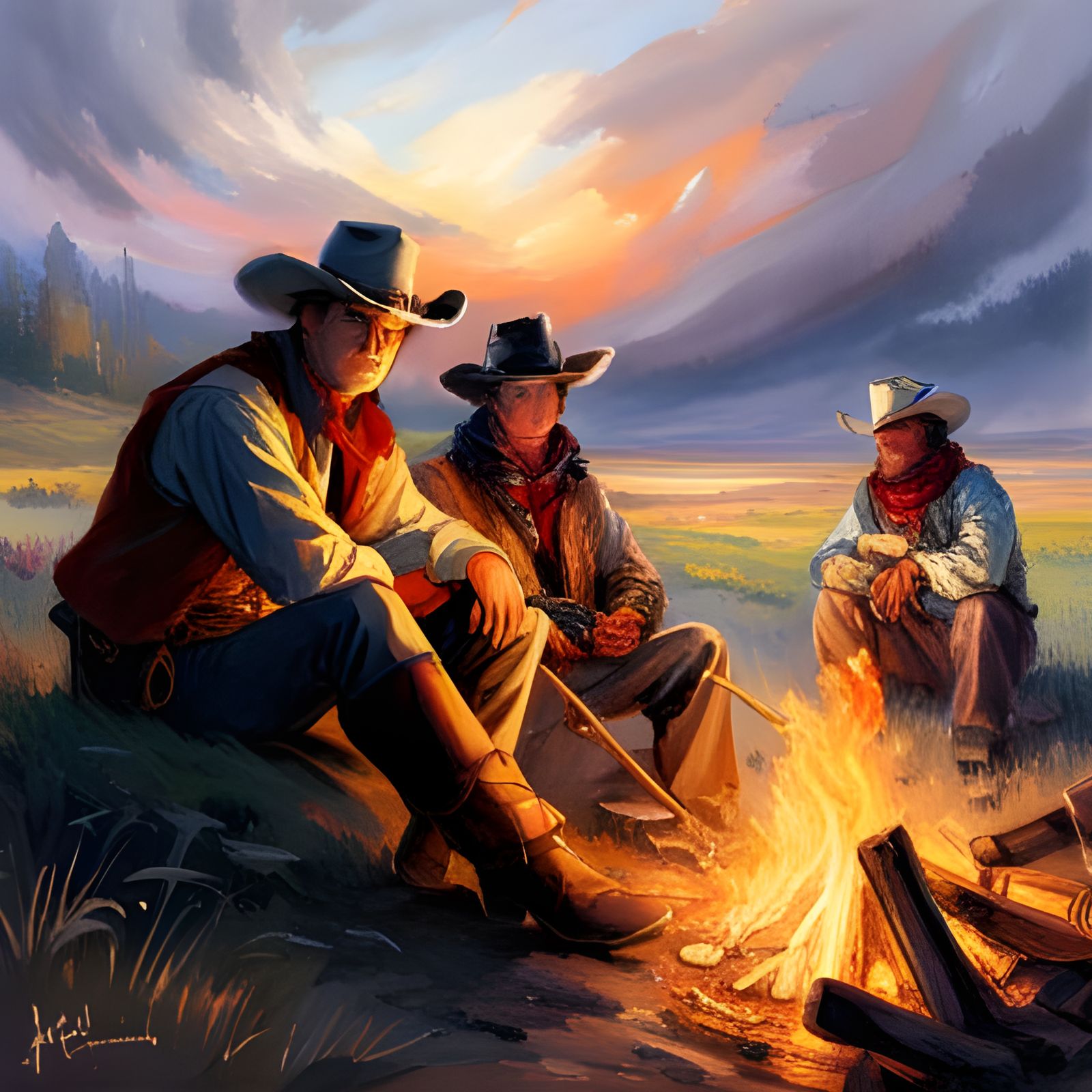 Cowboys sitting by the campfire on the prarie - AI Generated Artwork ...