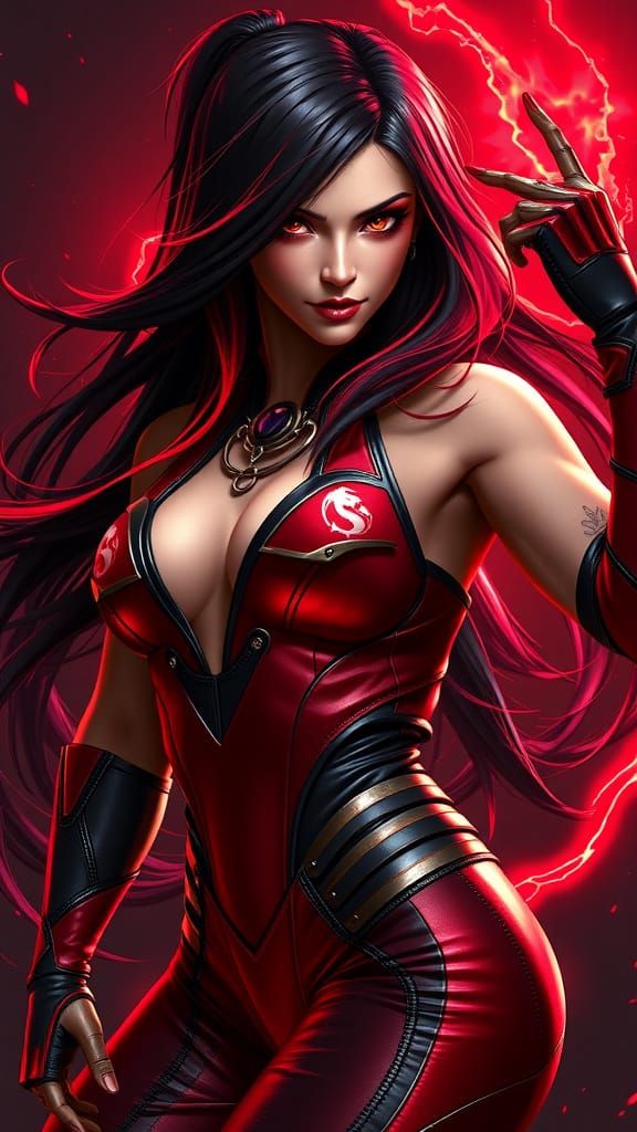 Surreal Cyberpunk Warrior in Red and Black Combat Suit