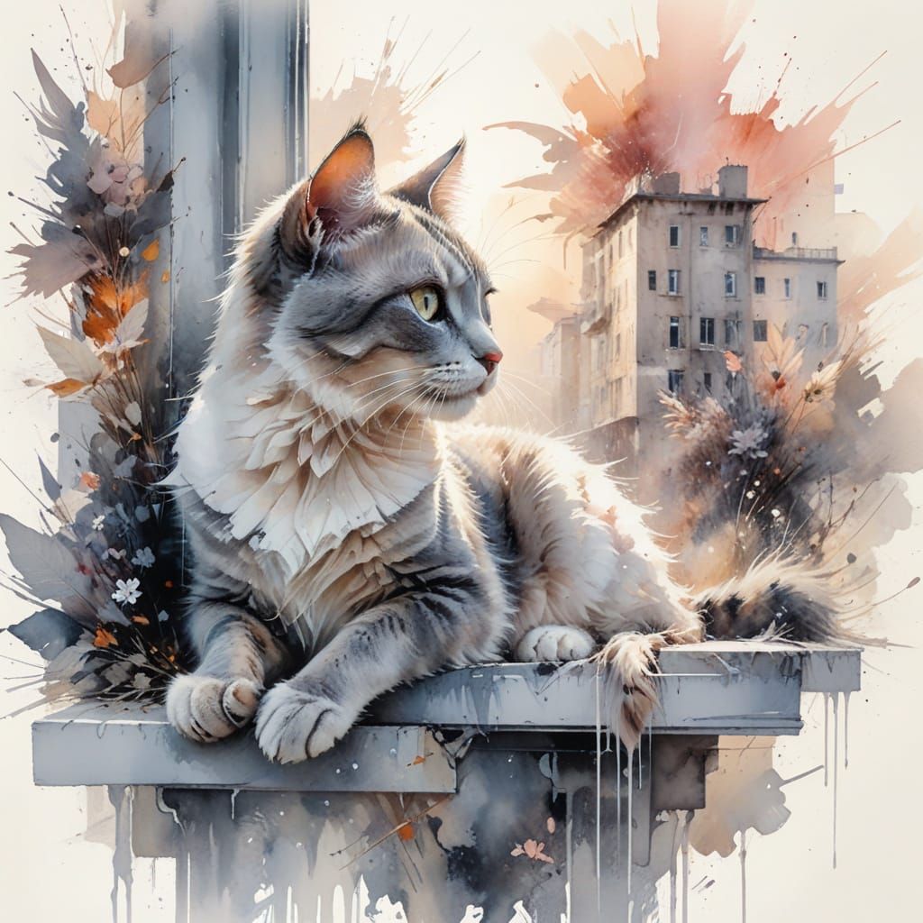 The Intimate Gaze of a Wandering Cat: Envision a sleek cat perched gracefully on an ageing windowsill, ...  by @Kosh