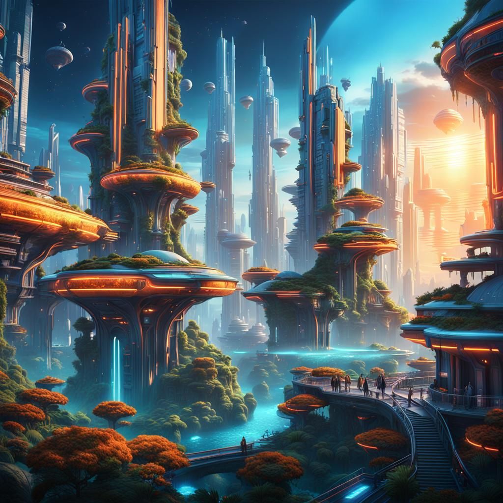 Futuristic Fantasy Cityscape in Blue and Orange