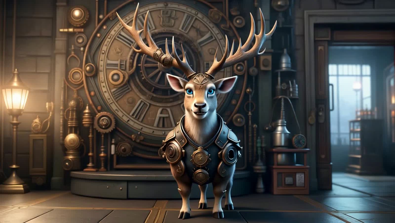 A steampunk lab. Ornate brass and copper clockwork mechanisms. a blue eyed stag in steampunk clothing is comes to life a...