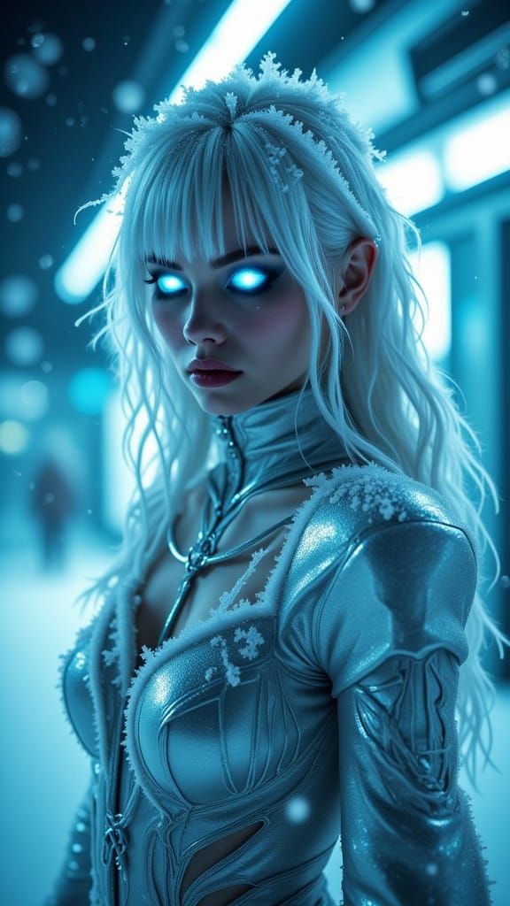 cinematic slow-motion sequence of a mysterious young woman standing in a frosty twilight forest; her white hair flows in a gentle breeze as ...