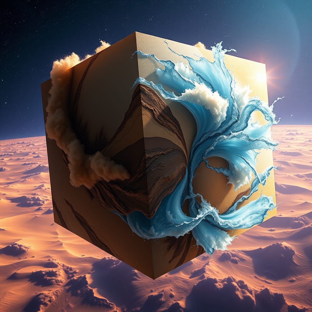 on the silhouette of a cube-shaped planet in deep space. on the planet, desert storms coexist with water storms