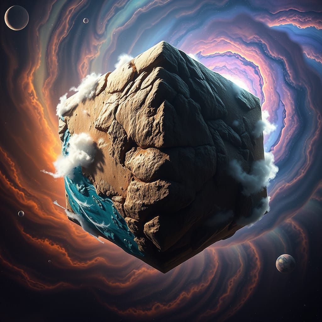 on the silhouette of a cube-shaped planet in deep space. on the planet, desert storms coexist with water storms