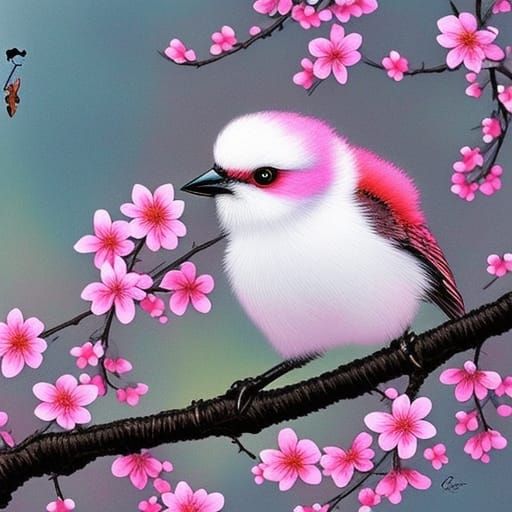 little bird sitting on a sakura blossom branch  by @MingNoi