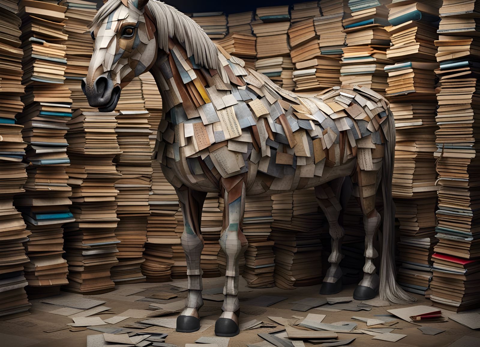 A horse Statue of made of old Books  by @Omri_slam