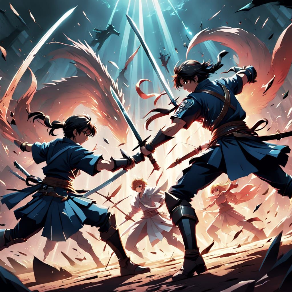 dynamic anime fight scene with swords