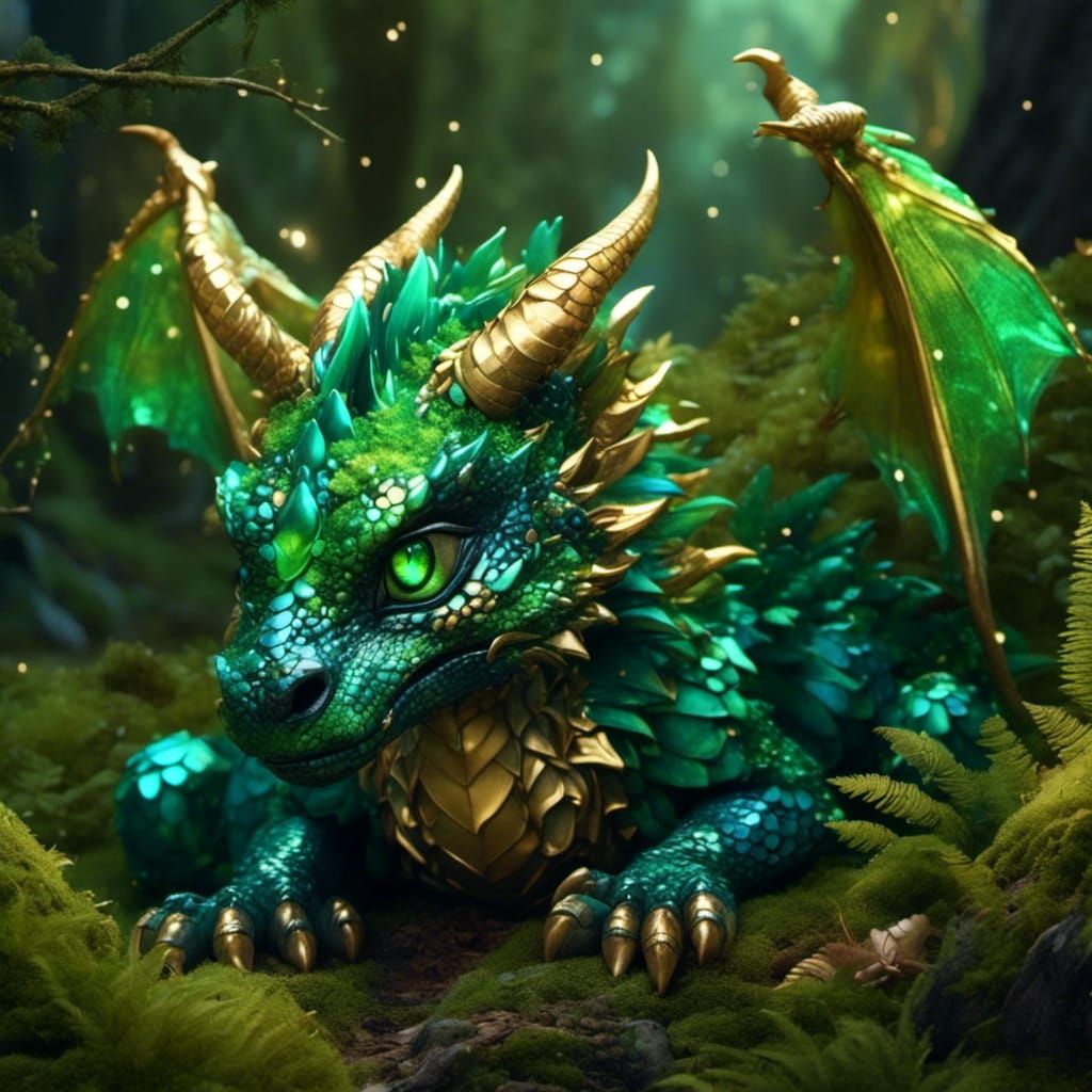 <lora:DreamWeaver:1.0> A hyper-realistic digital artwork of an adorable baby dragon curled up on a mossy ...  by @Wildflowers77 