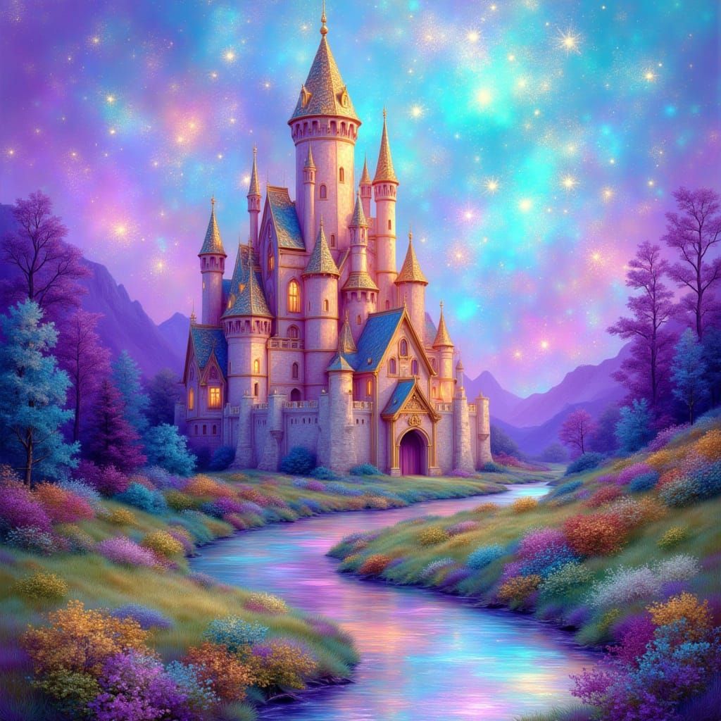 the shimmering castle in the fantasy field <lora:Iridescence:0.7> iridescent brushstrokes, very dreamy, scratchy scattered light, watercolor...