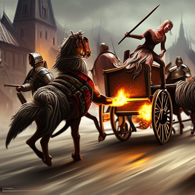Medieval warrior cart pursuit with heavy weapons masterpiece...