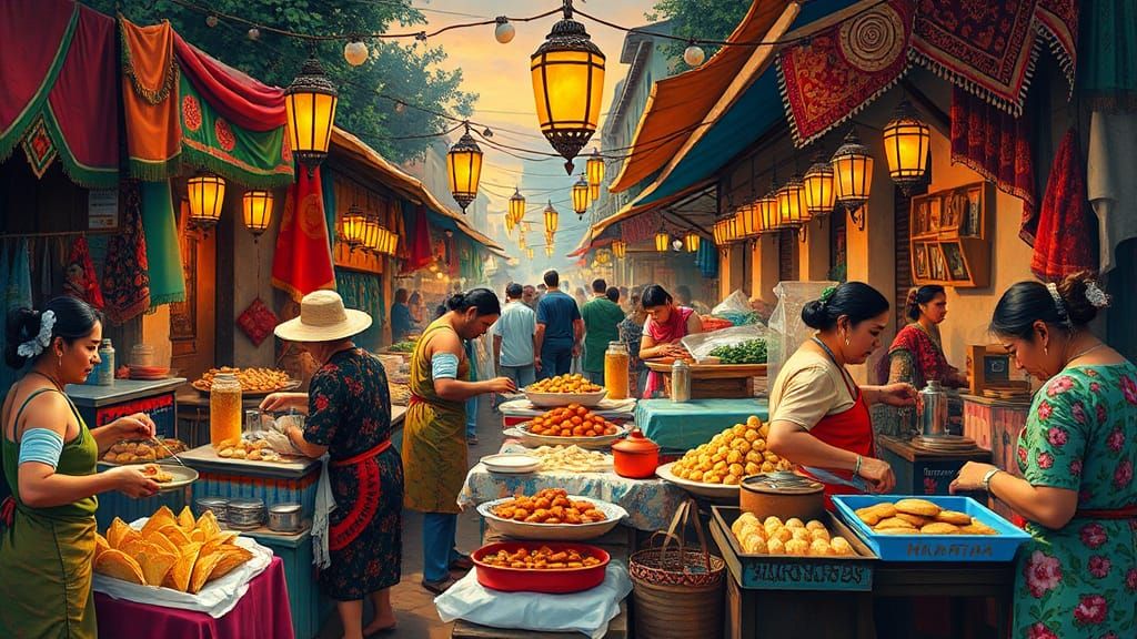 A lively market scene with vendors serving street foods like tacos, dumplings, or samosas.  by @aNta