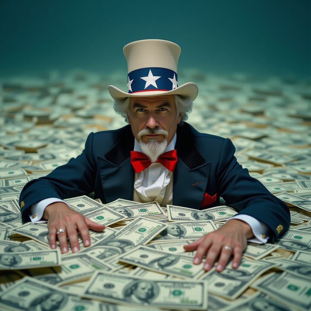 Uncle Sam is in his costume. He is buried in dollar bills.