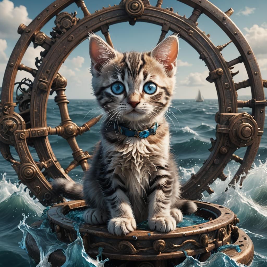 Blue-Eyed Kitten on a Wheel, Digital Painting
