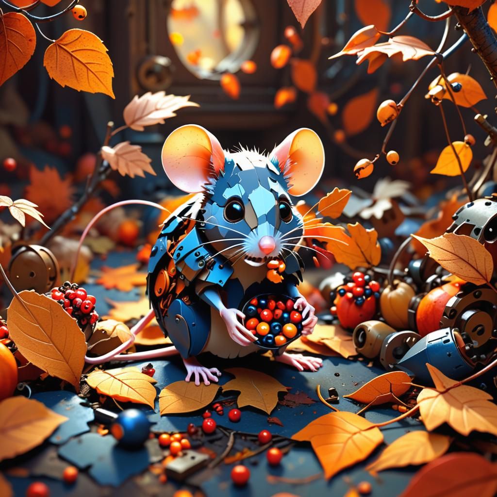 Fall leaves, mechanical, paper, mouse critter nibbling berri...